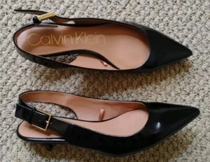 CALVIN KLEIN Womens BLACK Patent Leather SlingBack Kitten Heels Pumps Shoes 8.5M - Picture 1 of 12