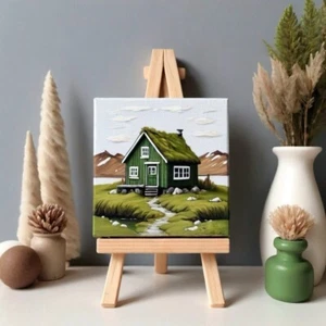 Turf houses in Iceland painting Moss roof cabin house art canvas with easel gift - Picture 1 of 9