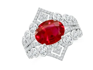 4.60 CT Oval Cut Red Ruby & White CZ 925 Silver Women's Art Deco Engagement Ring - Picture 1 of 5