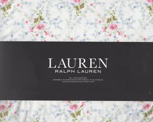 Ralph Lauren California King Sheet Set Daisy Pink Floral Blue 4pc Farmhouse Chic - Picture 1 of 4