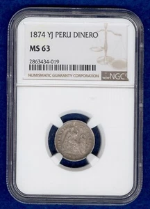 1874 YJ Peru Dinero NGC MS63 - Picture 1 of 4