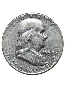 1958 P Franklin mezzo dollaro 50c Stati Uniti Moneta moneta 90% argento vedi foto - Foto 1 di 8