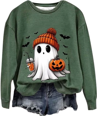 Halloween Kostüm Damen Pullover Kürbisse Geister Druck Langarm - Bild 1 von 4