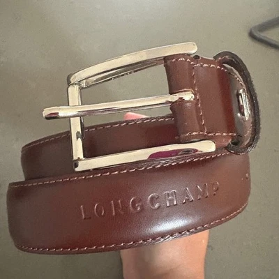 Longchamp 男式皮带棕色皮革银色扣法国制造 W34/36Designer — 第 1/4 张图片