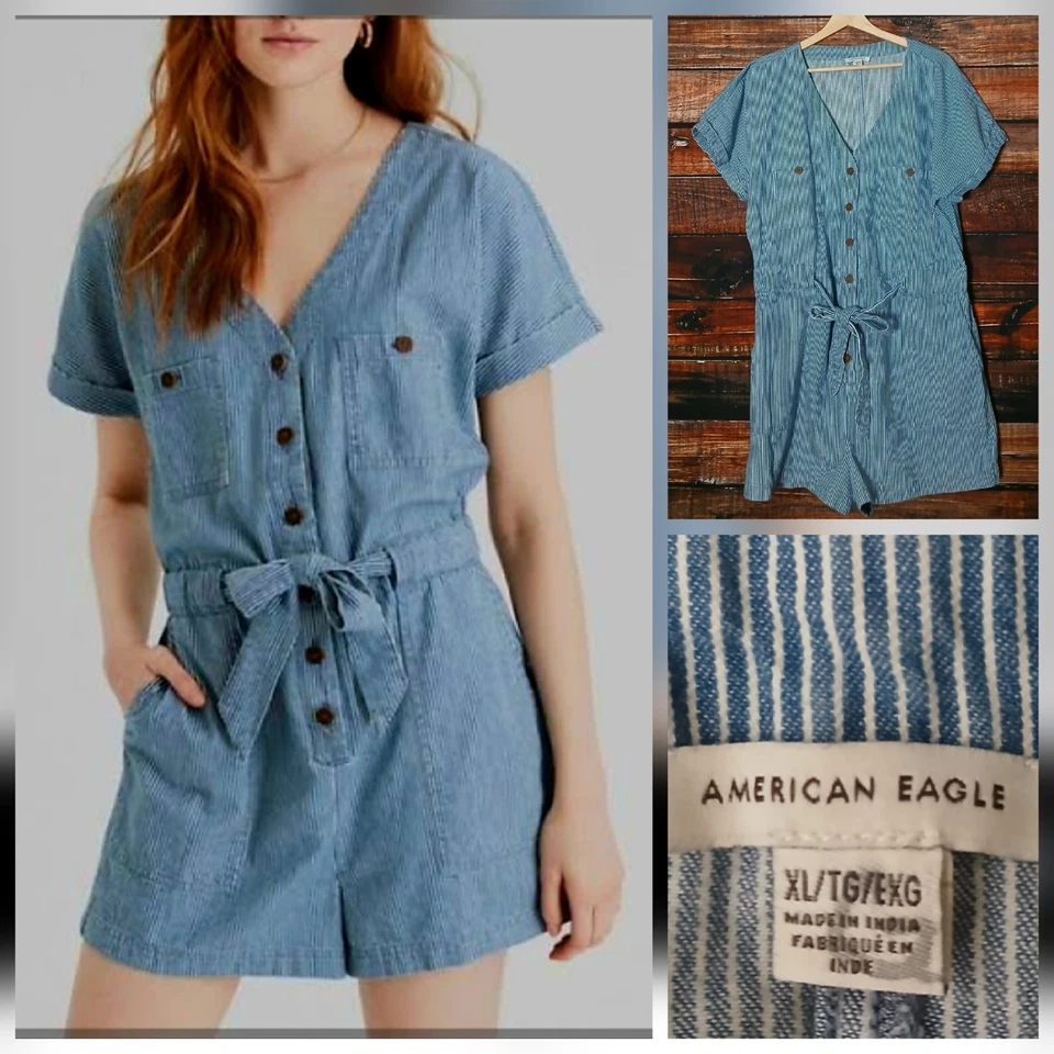 American Eagle 连身裤 XL 条纹绑带纽扣 100% 棉连身裤  — 第 1/4 张图片