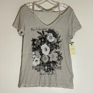Top Lucky Brand para mujer mediano blanco negro a rayas gráfico floral tiras cuello en V M - Imagen 1 de 23