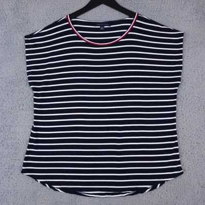 Camisa feminina Tommy Hilfiger XL azul branca listrada manga gorro elástico top preppy - Imagem 1 de 4