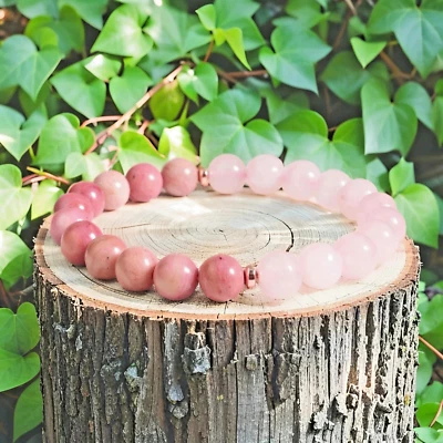Handmade Natural Rose Quartz+Rhodonite Stretch Bracelet - 8mm Gemstone Bead - Image 1 of 4