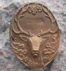 Vintage Sumava Mountains Deer Stag Hunter Metal Walking Stick Shield Stocknagel - Picture 1 of 4