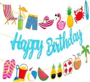 Summer Beach Banner 3Pcs Birthday Party Decorations Blue Multicolor  - Picture 1 of 8