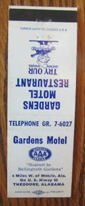 THEODORE, ALABAMA MATCHBOOK COVER: GARDENS MOTEL EMPTY 1950s MATCHCOVER -E - Picture 1 of 2