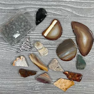 Rock Precious Agate Stone Mineral Lot Fools Gold Obsidian Arrow Head Bundle - Picture 1 of 11