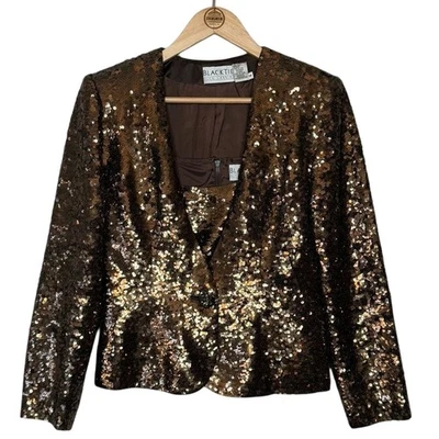 Blazer conjunto sin mangas de seda con lentejuelas de colección años 80 corbata negra Oleg Cassini marrón para mujer talla 8 Foto 1 de 4