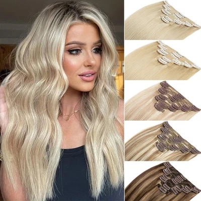 Double Wefted Clip In Remy Human Hair Extensions Thick Full Head 8Pieces 18Clips - Image 1 of 4