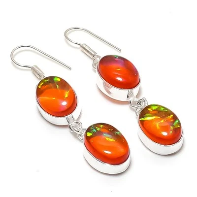 Pendiente de joyería hecho a mano de plata 925 con piedras preciosas de ópalo triplete naranja 2,17" Foto 1 de 3