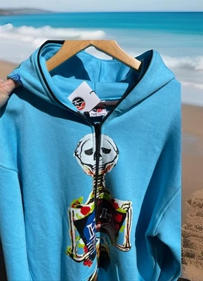 HK Half Krazy Sudadera con Capucha Esqueleto Cremallera Sudadera con Capucha Turquesa Ropa de Calle Pecho 48" Leer Foto 1 de 4