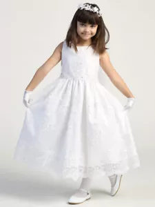 SALE Corded Embroidery Lace on Tulle Tea-Length Dress Holy Communion Flower Girl - Picture 1 of 5