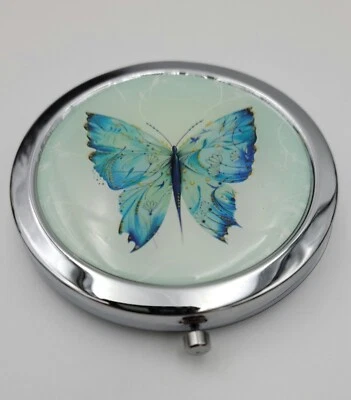 Round Compact Mirror Blue Butterfly magnifying - Image 1 of 4