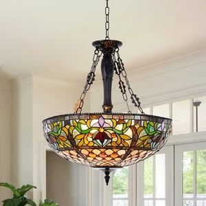 20 Inches Wide 5 Light Victorian Style Stained Glass Hanging Lamp Chandeliers - Picture 1 of 16