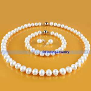 Natural 8-9mm White Pearl Necklace Bracelet & Earrings Set