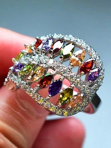 Beautiful Multi Row & Rainbow Stone Stylish Leaf Petal Design Women's Party Ring - Picture 1 of 8