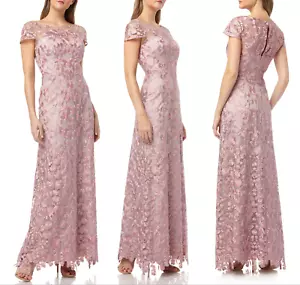 JS COLLECTIONS Pink Floral Embroidered Sheer Illusion Yoke A-Line Maxi Gown 10 M - Picture 1 of 4