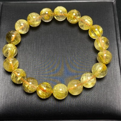 10mm Natural Gold Rutilated Quartz Stretch Crystal Beads Bracelet 90 - Image 1 of 4