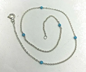 Sterling Silver .925 2mm Round Sleeping Beauty Turquoise 11 1/4" Ankle Bracelet - Picture 1 of 3
