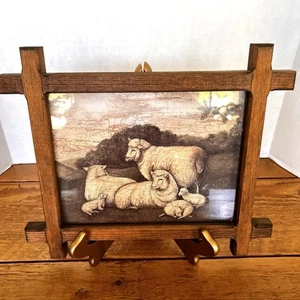 Vtg Primitive Folk Art Print Sheep At Pasture N. Schneeman Aged Wood Frame 1987 - Picture 1 of 10