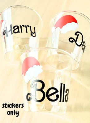 Personalised Vinyl Decal for Shot Wine Glass Christmas Party Name and Santa Hat - Image 1 of 3