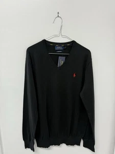 NWT Polo Ralph Lauren Pima Cotton Mens Black V-Neck Sweater Sz M Red Pony - Picture 1 of 7