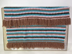 Vtg Afghan Handmade Crochet Woven Blanket Throw Pink Blue Brown Fringe 60" x 52" - Picture 1 of 5