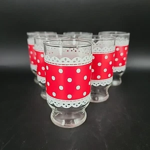 6 bicchieri da succo vintage Fire King Anchor Hocking 4 oz a pois e pizzo rosso e bianco - Foto 1 di 6
