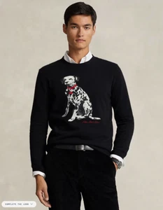 $498 NWT Men's Polo Ralph Lauren Dalmatian Intarsia Knit Cashmere Sweater Black - Picture 1 of 4
