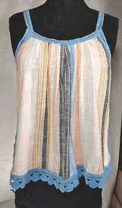 Aerie Women's Cotton multicolor Stripe Blue Crochet Fringe Sleeveless Top Size M - Picture 1 of 6