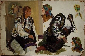 Ukrainian Soviet Oil Painting woman folk costume realism sketch 1950s   - Picture 1 of 5