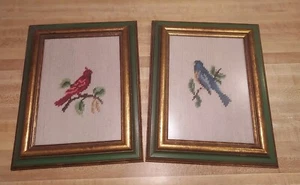 Two Vintage Needlepoint Birds Antique Gold Framed Set/Pair a Cardinal & Bluebird - Picture 1 of 19