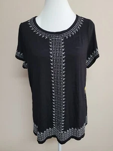 NWT RAFAELLA Women’s Blouse Top Short Sleeve Round Neck Embroidered Black.Size M - Picture 1 of 13