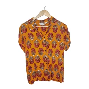 Tree Of Life Shirt Size M Bohemian Hand Printed Orange Button Up Collared Blouse - Picture 1 of 9