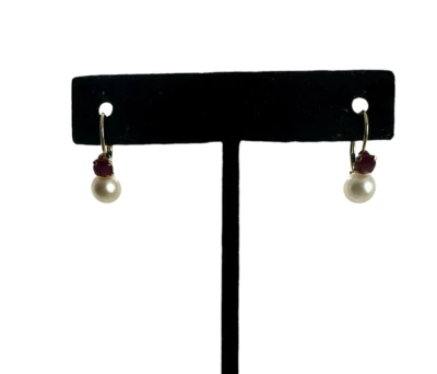 14k Yellow Gold  6mm Pearl Ruby Leverback Earrings - Image 1 of 4