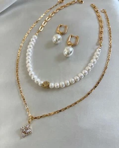 Half Chain Natural Pearl Womens Necklace Set With Earrings Gold White Pendant - Picture 1 of 11