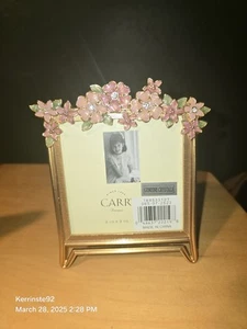 Enameled Flowers Photo Picture Frame Genuine Crystals Gold Tone Metal 3.5"x3.5" - Picture 1 of 11
