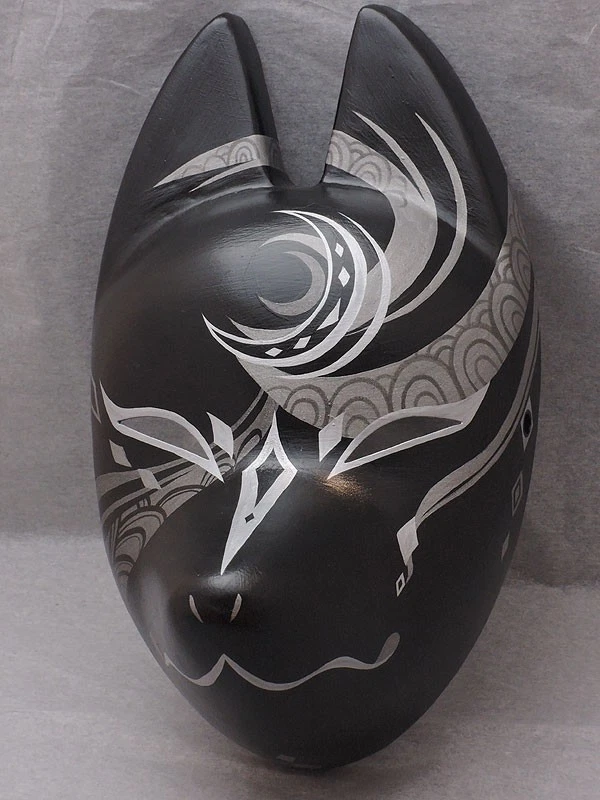 Japanese Ancient Kitsune Fox Mask -Yoiyami- Hand Painted Komendo Black JAPAN New - Image 1 of 4