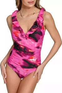 Traje de baño DKNY para mujer rosa con múltiples volantes cuello de una pieza rosa talla S nuevo con etiquetas - Imagen 1 de 5
