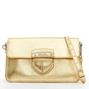 PRADA Vintage gold metallic leather silver logo flap crossbody bag - Picture 1 of 11
