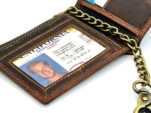 Hunter Brown Brown Vintage Leather Mens Biker's Steel Chain Bifold Wallet - Picture 1 of 11