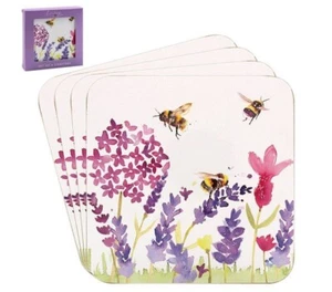 Set of 4 Lavender & Bees Floral Coasters Cup Mug Glass Table Drink Mats 10cm - Picture 1 of 6