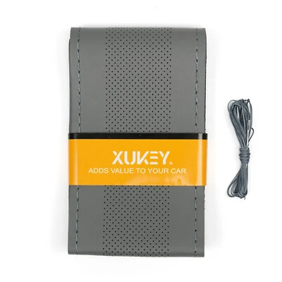 US DIY Car Steering Wheel Cover Grey Genuine Leather Anti-slip w/ Needle Thread Foto 1 de 4