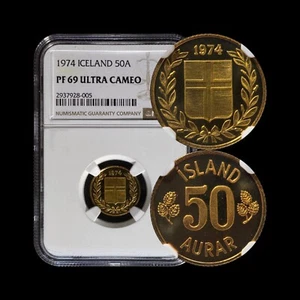 ICELAND. 1974, 50 Aurar - NGC PF69 - Top Pop 🥇 Floral Wreath and Shield RARE - Picture 1 of 5