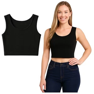 Women Ribbed Black Crop Top  – Adult Seamless Double-Lined Sleeveless Tank Top - Picture 1 of 5